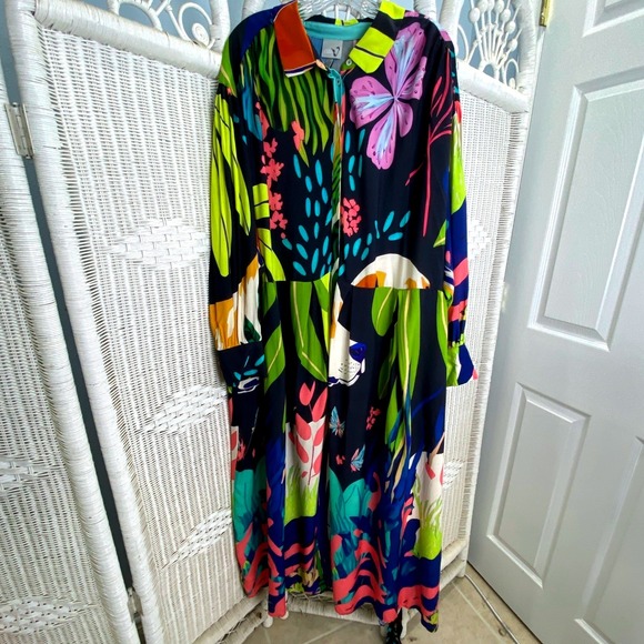 NWT Ulla Popken Von Landen 24/26 Maxi Shirt Dress Dog Print Tropical Art to Wear - Picture 1 of 12